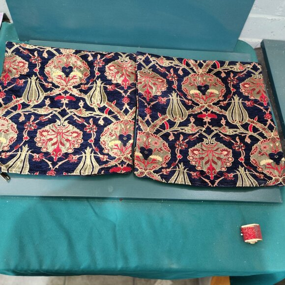 Pair of Turkish Design Pillow Covers, Navy, Gold & Rust 16" x 16" - Picture 1 of 5